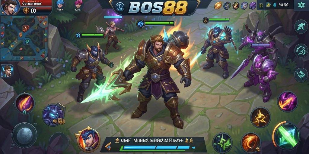 Screenshot gameplay BOS88 menampilkan aksi MOBA yang intens.