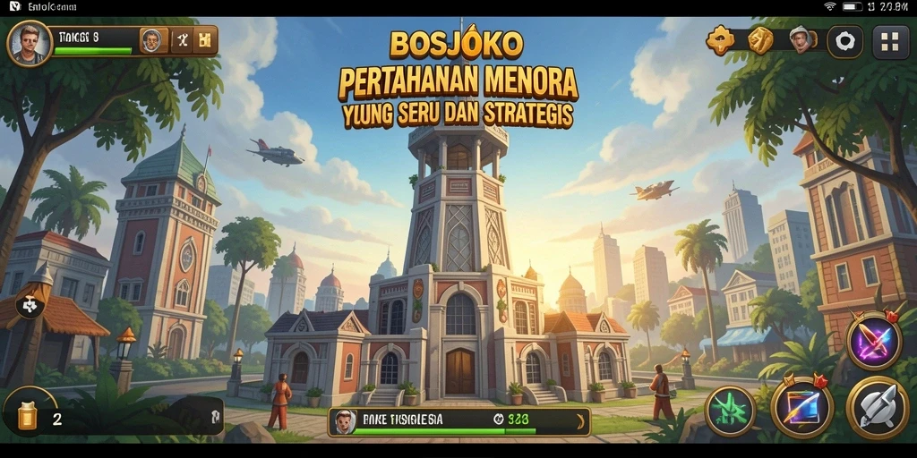 Tangkapan layar gameplay BOSJOKO menampilkan menara dan berbagai jenis musuh yang menyerang.