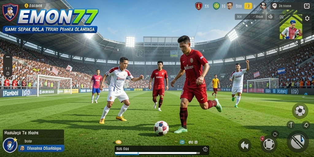 Screenshot gameplay EMON77 menampilkan aksi sepak bola yang mendebarkan.