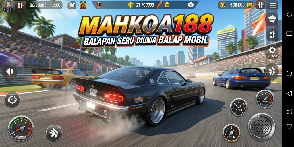 Screenshot gameplay <strong>MAHKOTA188</strong> menampilkan aksi balap mobil yang mendebarkan.