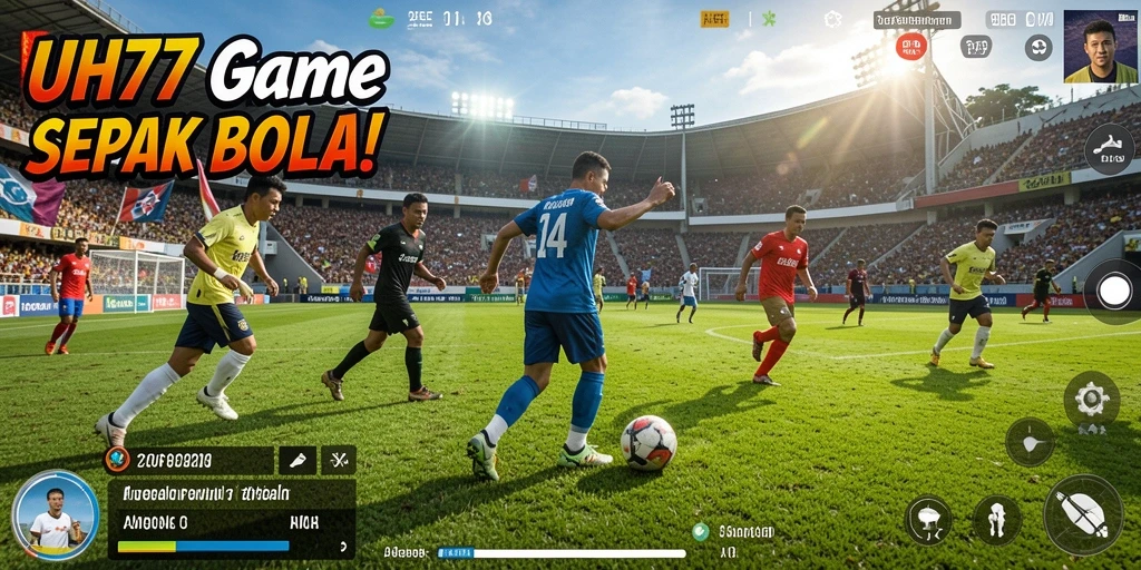 Tampilan gameplay UH77 dengan aksi sepak bola yang mendebarkan.